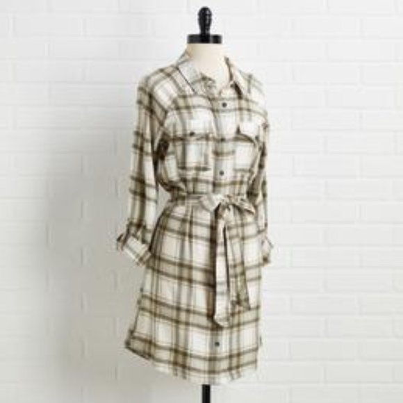 Flannel Button-Down Tie-Waist Shirt Dress - Picture 1 of 1